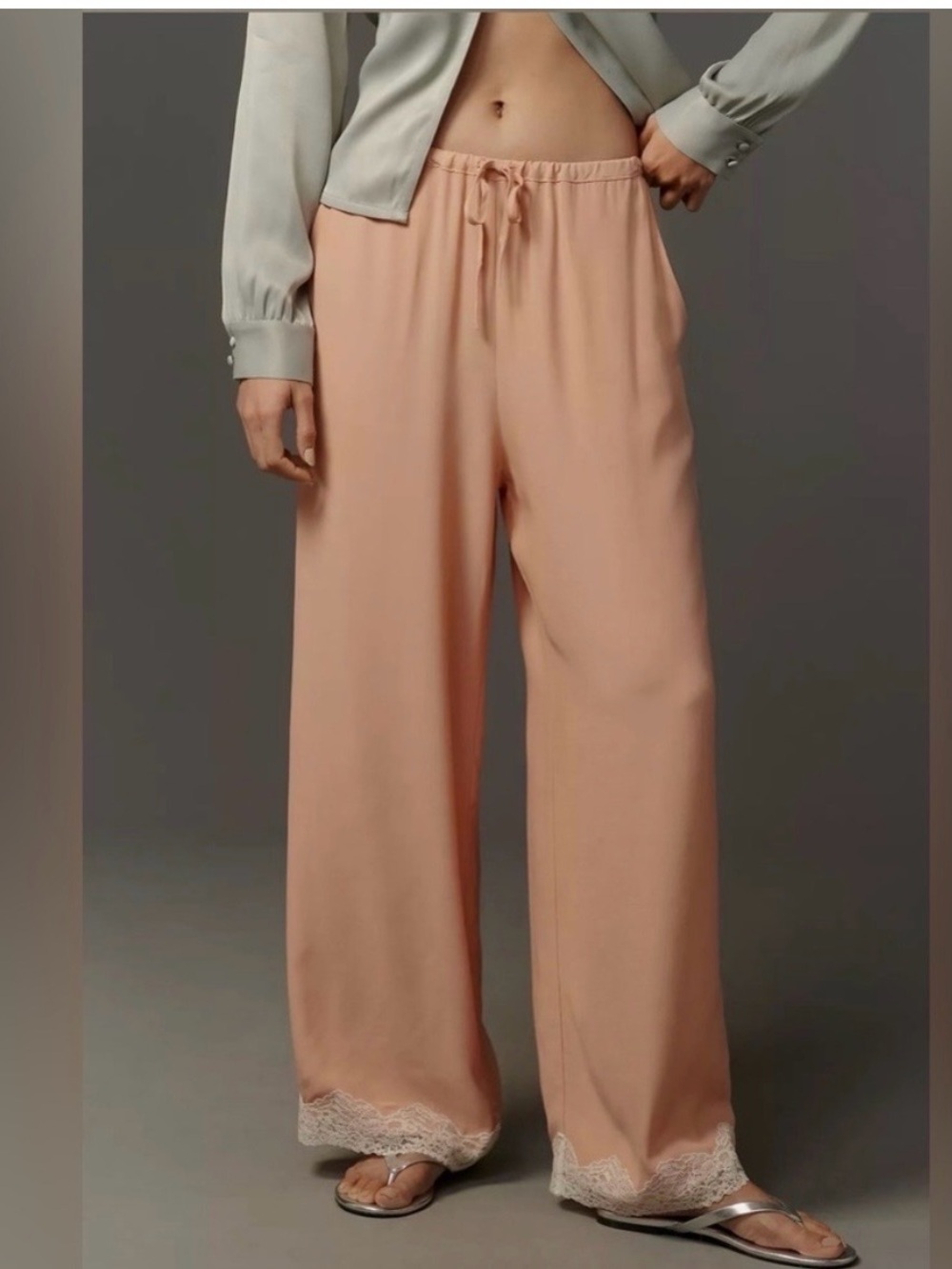 Anthropologie Women's Silky Salmon Wide-Leg Lace Hem Pants with Pockets Medium